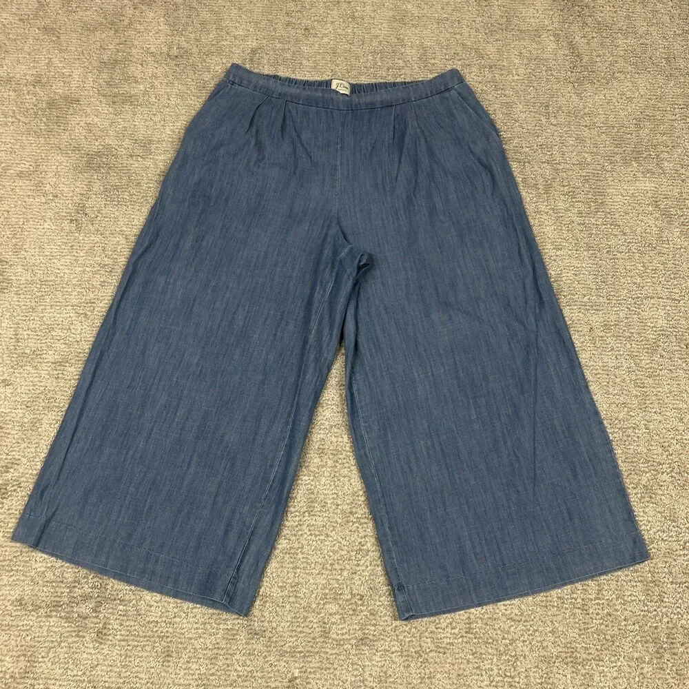 J Crew Wide Leg Pants Women 14 Washed Chambray Blue Crop Pockets Stretch Beach